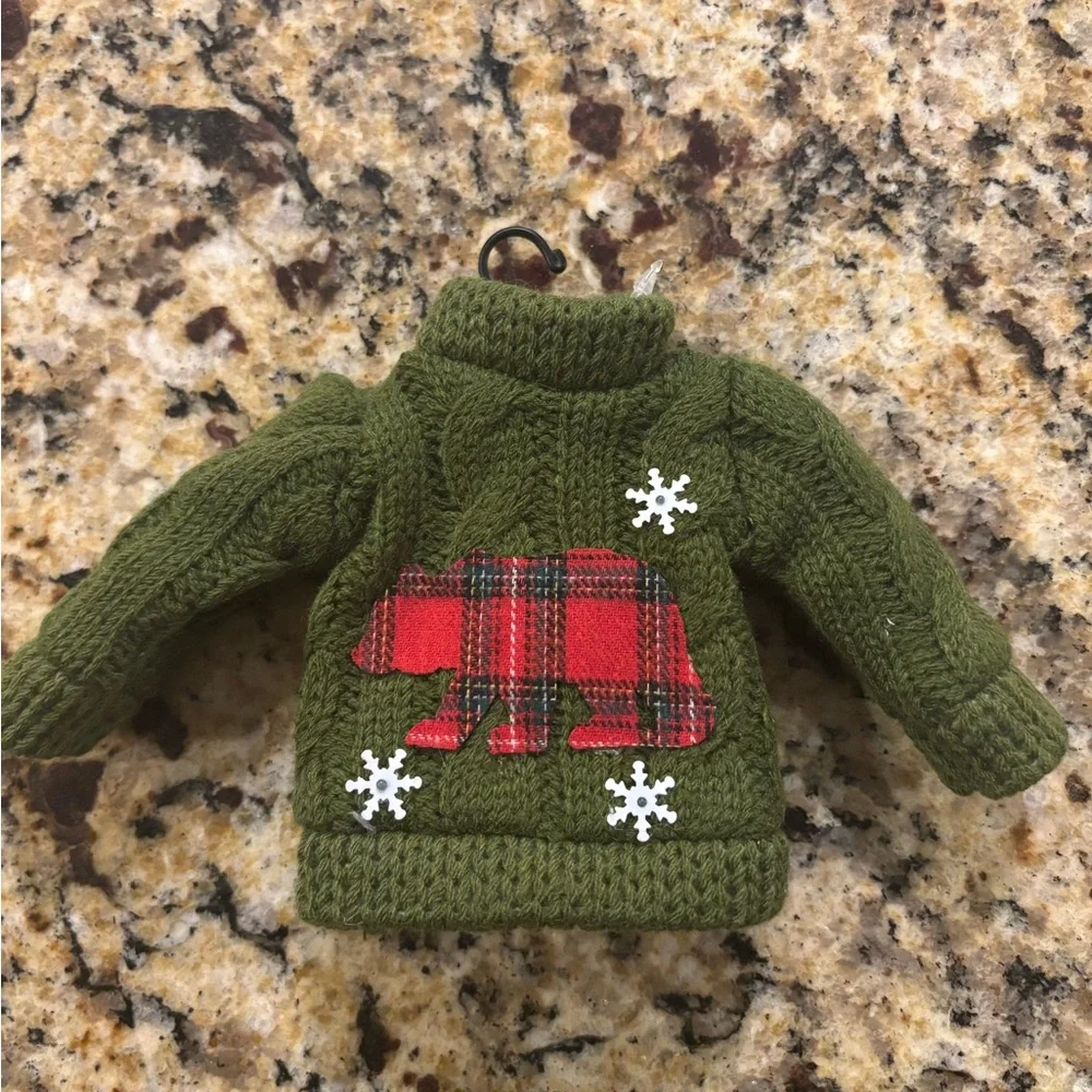 Green Knit Sweater Ornament with Red Plaid Bear